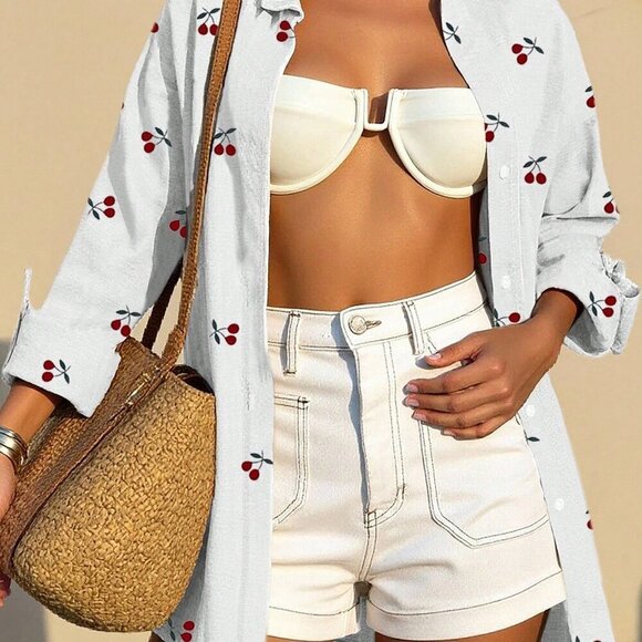 White Casual Women's Cherry Print Vacation button down Shirt - Picture 3 of 7